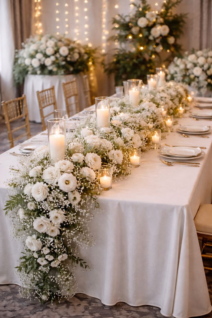 Long white floral table centrepiece with candles