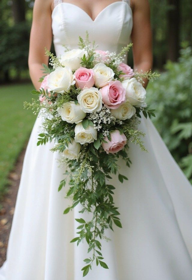Cascading white and blush wedding bouquet